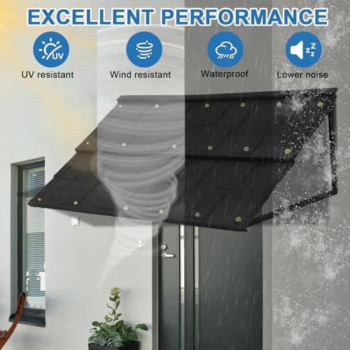 Fixed Metal Awnings 52in W x 31in H, Heavy-Duty Triangle Steel Frame with Tile-Design Metal Awning for Doors, Windows, Porches, Balconies (Black)