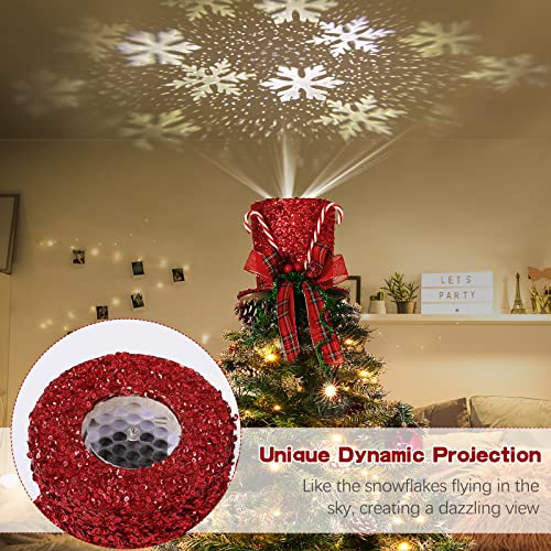 Lewondr Christmas Tree Topper Hat Projector, Christmas Hat Tree Topper With Snowflake Projector Glittering Sequins, Decorative Elf Hat Tree Topper For Xmas Tree New Year Holiday Party Winter Home, Red #TOP1