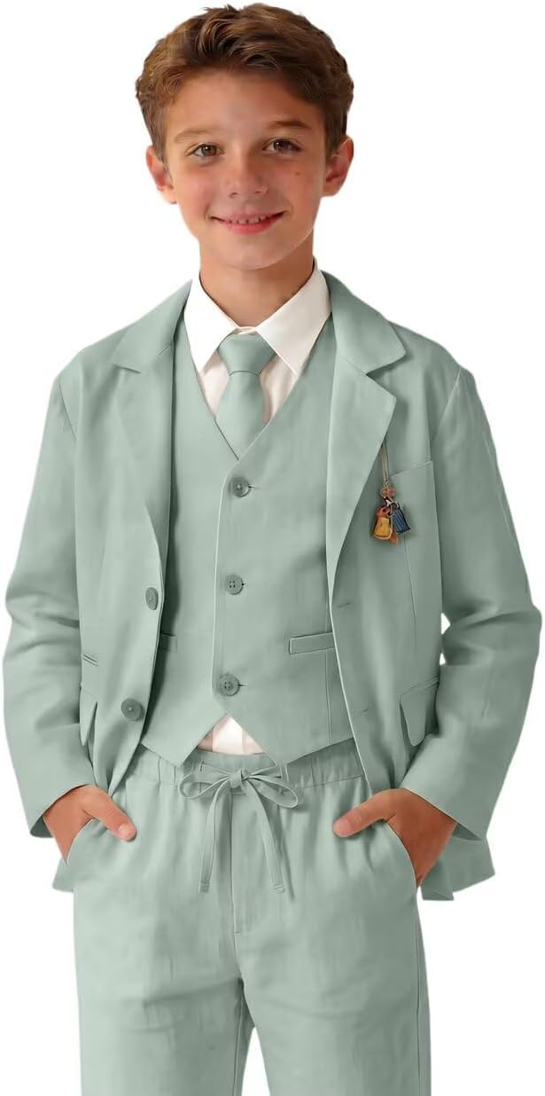 Retro Linen Boys Suit Slim Fit 5 Piece Sets Kids Wedding Outfit Linen Suits Casual Drawstring Tuxedo Set for Boy