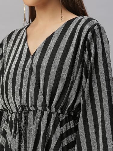 Image of SHOWOFFFF Women Stripe Print Empire Party Dress | V Neck Full Sleeves Lycra Dress for Womens | Above Knee Dress for Women's