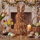 Thyle 1 Pcs Neutral Easter Rattan Bunny Decoration, 13.8 Inch Morden Woven Rabbit Tabletop Centerpiece with 3.28 FT String Light, Rabbit Ornament for Mantel Fireplace Easter Home Tiered Tray Decor