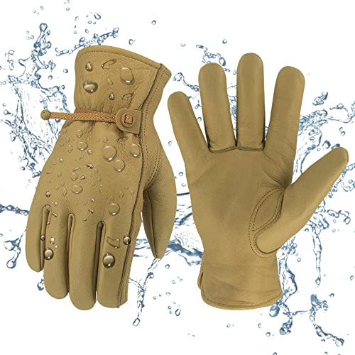 Image of Leather Work Gloves Waterproof Gardening Gloves for Men & Women Tough Cowhide Work Gloves with Adjustable Wrist (Large)