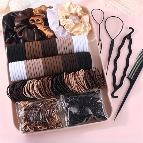 1109pcs womens cotton hair ties high-elasticity seamless design thickened material soft and skin-friendly. No hair pulling no marks comes with 4 hair combing tools. (coffee mixed color)