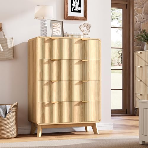 Image of QUW Fluted 5 Drawers Dresser for Bedroom, Modern 40.2 inch Tall Drawer Dressers with Metal Handle, Wooden Chest of Dresser for Living Room, Hallway, Solid Wood Legs, Curved Profile Design, Natural Oak