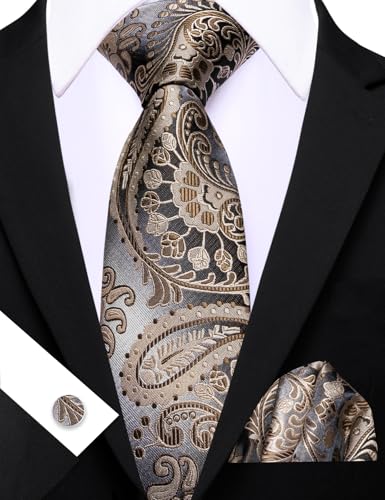 Image of Barry.Wang Men Ties Paisley Woven Silk Necktie Set with Pocket Suqare Cufflinks Formal