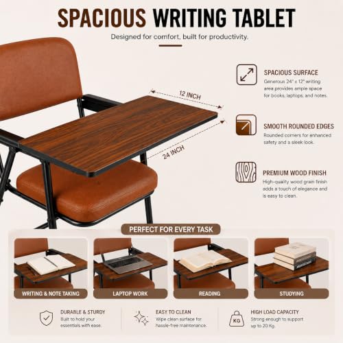 Image of Cushioned Study Chair with Writing Pad for Home, Students & Study Room, Supportive Backrest, Sturdy Metal Frame, Reading, Writing & Homework Chair, Brown