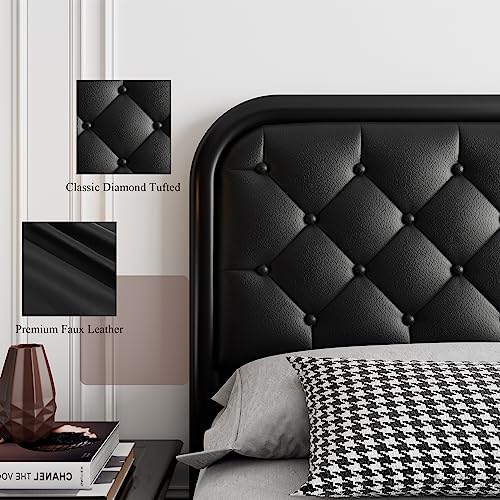 Feonase Full Size Metal Bed Frame, Heavy-Duty Platform Bed Frame With Faux Leather Button Tufted Headboard, 12" Storage Space, Thick Steel Slats, No Box Spring Needed, Noise Free, Easy Assembly, Black #TOP3