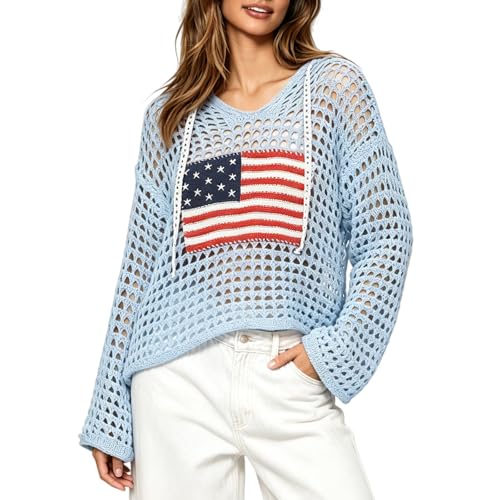 Image of Women's American Flag Crochet Sweater Long Sleeve Hollow Out Lightweight Knit Hoodie 2026 Summer Beach Cover Up Tops