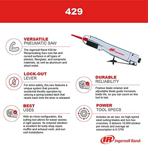 Ingersoll Rand 429 Air Reciprocating Saw, Heavy Duty, Lock Out Lever, 6 Cutting Blades, Positive Blade Retainer, 10,000 Strokes Per Min, Silver