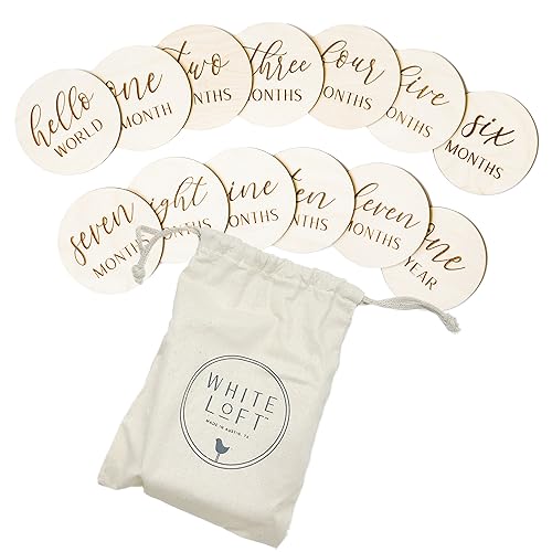Image of White Loft Baby Monthly Milestone – Handcrafted Baby Milestones Made with Birch Wood to Photoshoot Baby's First Year of Life, Set of 13 (Includes Hello World Newborn Sign + 1-12 Months)