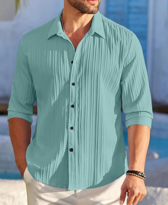Image of FINIVO FASHION Men's Casual Cotton Plain Button Down Shirt Long Sleeve Textured Summer Beach Shirt for Men