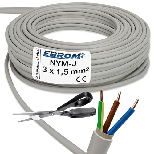 EBROM NYM-J 3x1,5 mm² - Mantelleitung - Installationsleitung - Feuchtraumleitung - grau - große Auswahl in vielen Längen in 5 Meter Schritten bis 250 Meter am Stück - Ihre Länge: 3x1,5 mm2, 15 Meter