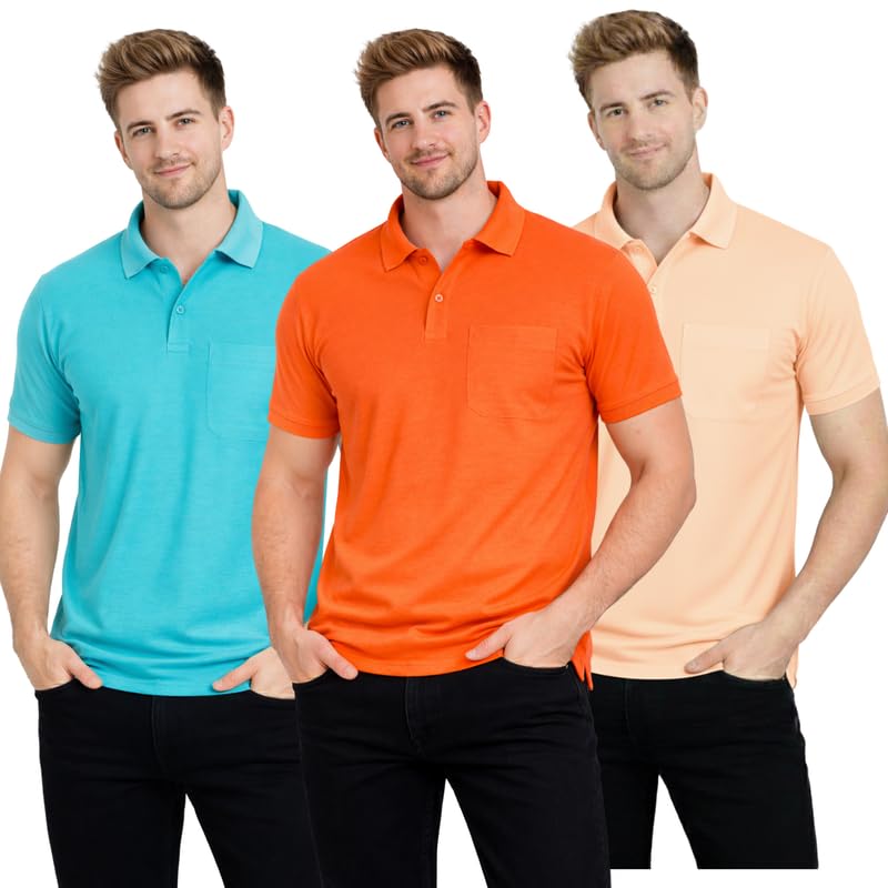 Image of SMAN Polo Neck T-Shirt Pack of 3 for Men & Boys | Half Sleeve Collar Tee with Pocket | Premium Spun Matty Fabric | Casual & Office Wear | Sizes M to 2XL | FX PO3 MCR ORN PCH