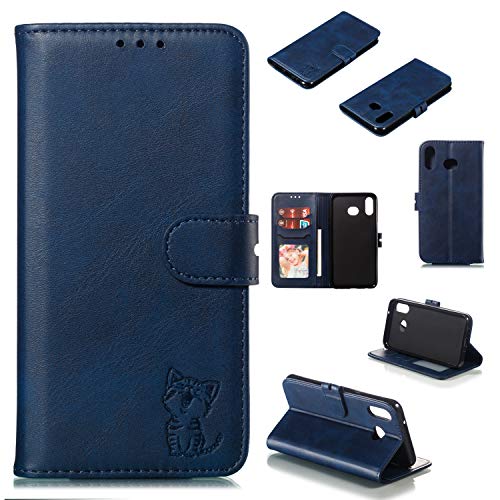 Robinsoni Case Compatible with Samsung Galaxy A6S Retro Leather Wallet Cover with Card Holder Slots Cat Printed Folio Flip Book Cover Case TPU Silicone Inner Case Kickstand Magnetic Closure Case, Blue