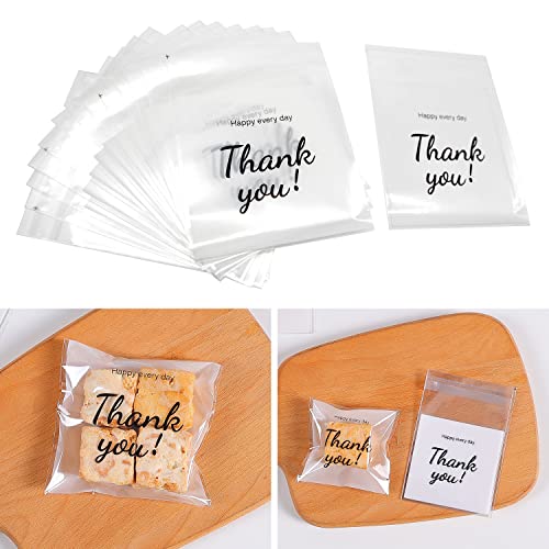100 Pcs Self Adhesive Cookie Bags, with Thank You sign,Searik White Polka Dot Plastic Pastry Bags for Giving Bakery Candy Cookie Chocolate (4 x 4 Inches, 100 Pcs)