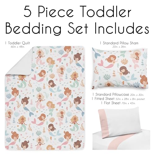 Image of Sweet Jojo Designs Ocean Mermaids Girl Toddler Bedding Set Kid 5p Bed in a Bag with Comforter Blanket Pillowcase Sham Sheets Pink Teal Under the Sea Underwater Theme Fairytale Fish Colorful Coral Reef
