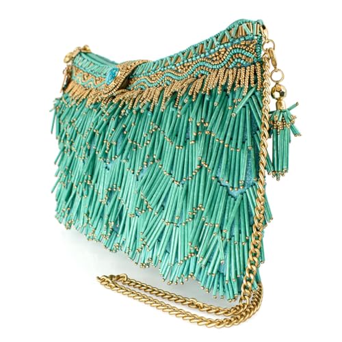 Mary Frances Shimmy Beaded Fringe Clutch Handbag – Boho Vegan Crossbody Purse with Zipper & Magnet Closure, Turquoise4