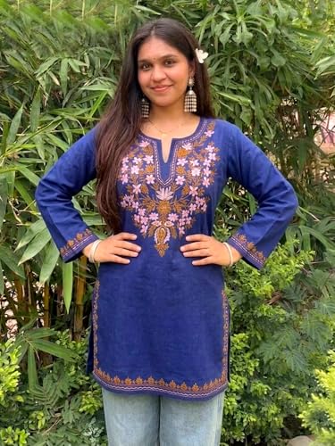 Image of GoSriKi Short Kurti for Women Viscose Embroidered | Kurti for Woman Regular Fit | Round Neck V Slit Full Sleeve Stylish Ladies Top Ethnic Wear Womens Clothing Trendy Kurta Tops