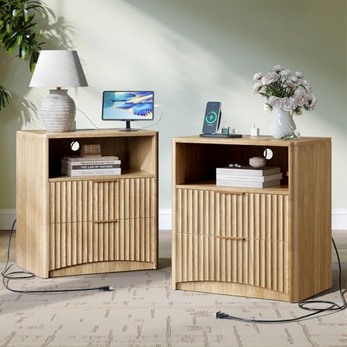 Image of Evermagin Fluted Nightstand Set of 2 with Charging Station, Natural Oak Bedside Table with 2 Drawers, Wood End Table with Storage Mid Century Modern, Large Night Stand for Bedroom