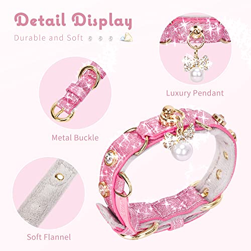 Image of Cat Collar, Dog Collar, [Bling Rhinestones] PU Leather Adjustable Pet Collar with Luxury Pendant for Small Dog and Cat Extra Small Pink