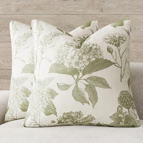 Image of Foindtower Set of 2 Linen Floral Throw Pillow Covers Vintage Accent Print Decorative Cozy Cushion Covers Farmhouse Boho Home Decor for Sofa Chair Couch Bedroom Living Room,18x18 Inch,Light Green