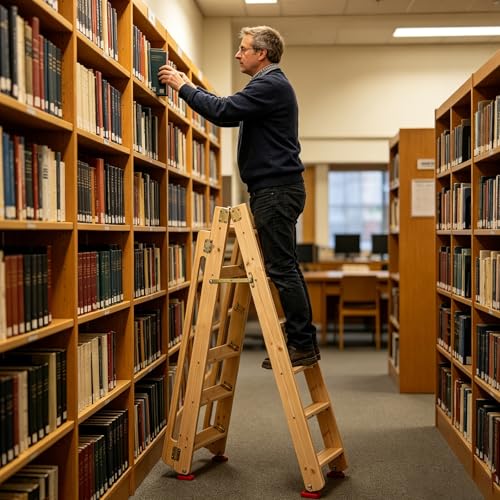 Image of 9.8ft Folding Wooden Loft Ladder, 12 Steps Rolling Library Ladder with Dual Handrails, Industrial Style SolidWood Step Ladder, Portable Loft Attic Ladder, 660LBS, for Attic, Warehouse, Library