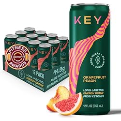 KEY Ketone Drink - Ketones for Energy & Focus, Sugar Free & Low Caffeine from Green Tea with L-Theanine, No Crash or Jitters, All Natural, Lightly Carbonated, Grapefruit Peach (Pack of 12)