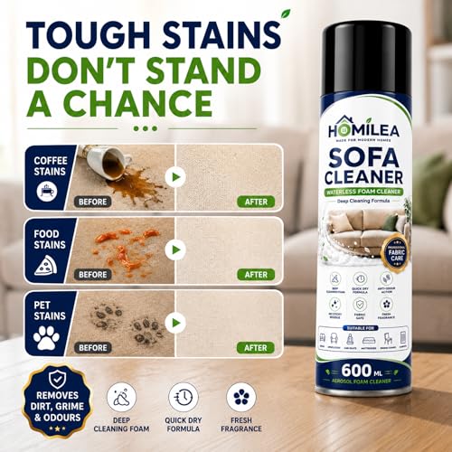 Image of Sofa Cleaner Foam Spray 600ml | Waterless Upholstery Cleaner for Sofa, Carpet, Mattress & Car Seats | Deep Cleaning Foam Removes Stains, Dirt & Odours | Quick Dry Fabric Clean with Fresh Fragrance