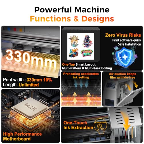 Image of MZK A3 DTF Printer with F1080 Printhead - Automatic Time Cleaning Maintenance+Ink Anti-Clog Design,2X-Speed Compared to L1800&R1390,5 inch LED Multi-Function Display,Film Cutter,Gift Ink 2 Years