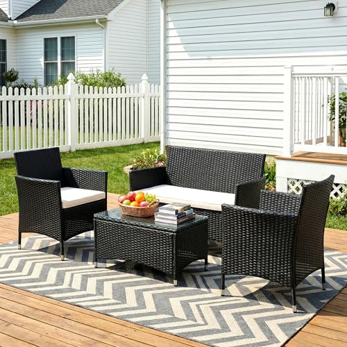 Image of OUTLIVING Outdoor 4 Seater Sofa Set || Patio Furniture Sets || Balcony Sofa || Indoor Sofa || Wicker Rattan Garden Sofa Set with Cushion and Center Table (Black)