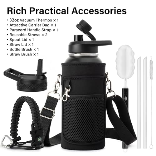 Insulated Water Bottle | Thickened Stainless Steel Vacuum Metal | Portable Sports Water Jug for Gym and Hiking with Straw, Carrier Bag, Handle Strap | BPA-Free 32 oz