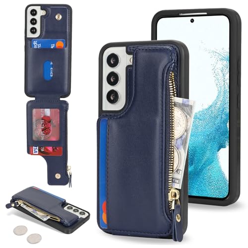 Étui portefeuille pour Samsung Galaxy S22 homme femme avec fentes cartes et poche cuir bleu