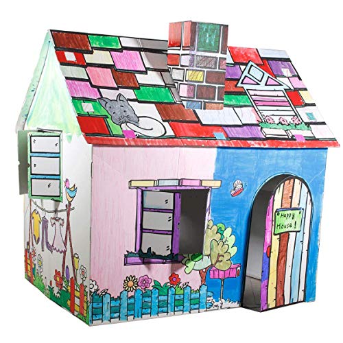 FUNTRESS Cardboard Playhouse for Kids with Markers to Color Gift for Children (49.2x35.5x52/34.2 Inch)