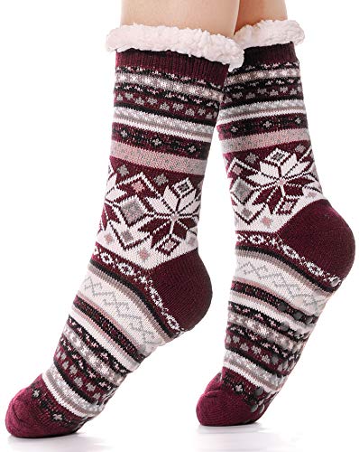 Womens Slipper Socks Plush Fuzzy Cabin Fleece Fluffy Cozy Stocking Stuffers with Gripper Winter Non Skid Huggle Socks(Snowflake B (Purple Red))