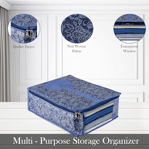 Image of Kuber Industries Pack of 3 Shirt Storage Bag | Shirt Organizer for Closet | Visible Window Shirt Bag | Wardrobe Storage Bag | Clothes Storage Bag | Flower Printed Shirt Cover | Navy Blue