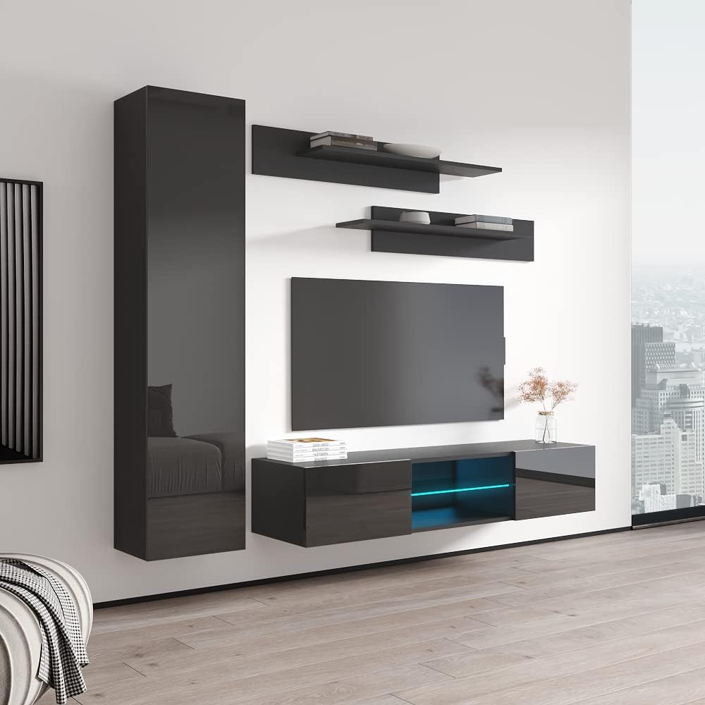 Meble Furniture Fly G3 33TV Stand Wall-Mounted Entertainment Center — Floating Modern Console with Storage Shelves and LED Lights, 59.1" W x 13.8" D x 19.7" H — Grey