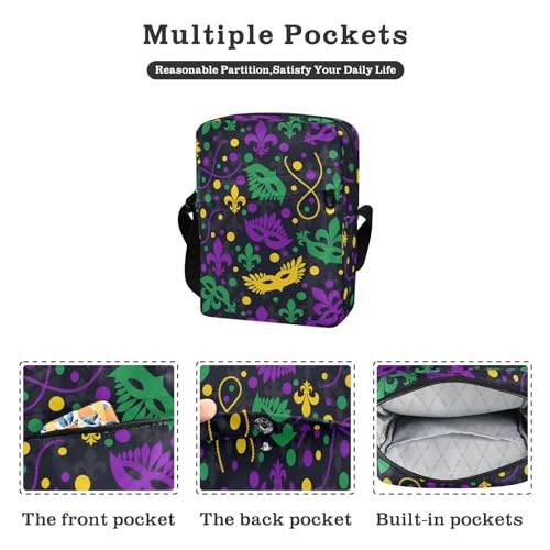 VIGTRO Small Crossbody Bag for Women Men, Mardi Gras Messenger Bag Purse with Adjustable Strap, Colorful Mask Small Shoulder Bag for Travel Outdoor Sports3