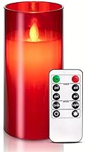 Flameless Red LED Pillar Candles | Acrylic Fiber Glass Shell | 2×AA Battery Operated | Remote Controlled Electric Candle | 3" D x 6" H for Home, Festival, Wedding Decor