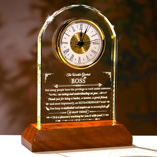Image of Ornalrist Boss Glass Clock Gifts for Women Men with Wooden LED Light Base, Appreciation Gift for Best Boss, Gift Idea for Lady Boss Going Away Retirement Boss's Day Leader's Day Desk Office Decor