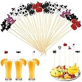 GreenYeah 100PCS Halloween Bâtonnets à Cocktailen, Pique Cocktail Bois avec Chauve-Souris Chapeau Araignée Citrouille Fantôme Tête de Mort, Cure Dent Decoratif Aperitif pour Cocktail Fruit Snacks Déco