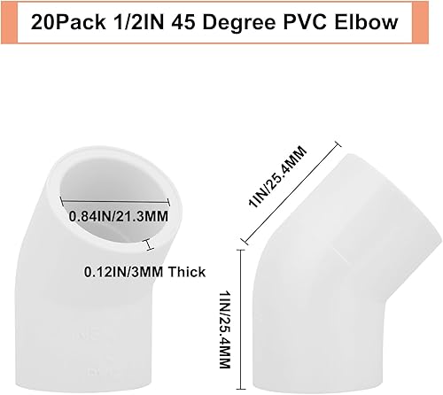 Miniatura 2 de Paquete de 20 conectores de tubería de PVC de 1/2" con codo de 45 grados (Socket x Socket) de calidad para muebles SCH40, adaptador de esquina