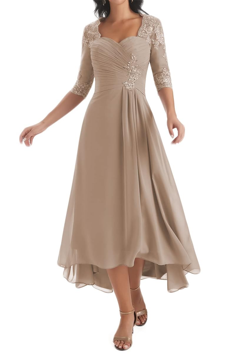 Hppee Women's Taupe Mother Of The Groom Dresses With Sleeves For Lace Applique Chiffon Mother Of The Bride Dress Formal Gown Uk12