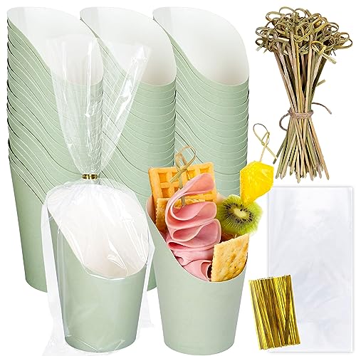 Whaline 50Pcs Sage Green Charcuterie Cups with Bamboo Sticks Plastic Treat Goodie Bags Gold Twist Ties 14oz Disposable Paper French Fries Cup Holder for Home Kitchen Baby Shower Birthday Party Supply
