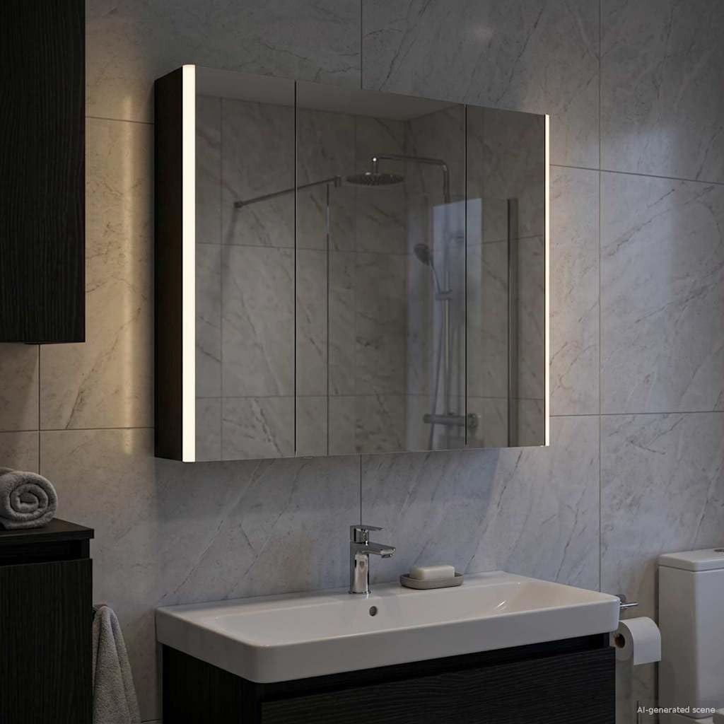 Szafka łazienkowa z lustrem w kolorze czarnym, imitacja dębu, materiał drewnopochodny, 83,5 x 15,5 x 70 cm, montaż ścienny z oświetleniem LED, regulowane półki, lustro, miejsce do