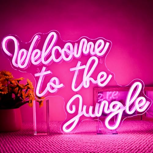 Image of Welcome to the Jungle Neon Sign Pink Led Word Neon Light Signs for Wall Decor Usb Letter Light Up Sign for Bedroom Nursery Kids Room Garden Home Wedding Birthday Party Decorations Gifts | Pink Neon Sign, Birthday Parties, Wedding Celebrations, Outdoor Decor, Gift for Teens, Families and Outdoor Jungle Lovers