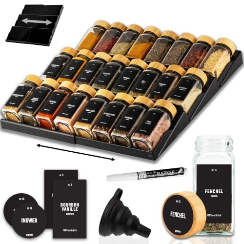 Deco haus Gewürzregal Schublade [MIT 24 GEWÜRZGLÄSER & ETIKETTEN] - Gewürze Organizer - Gewürzeinsatz Schublade - Gewürzschublade Organizer mit Gläser - Schubladeneinsatz Gewürze