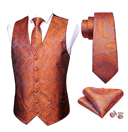 Gilet costume col en V en soie orange avec cravate et dos ajustable
