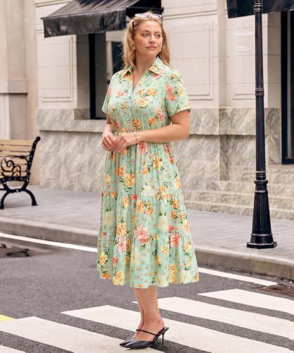 Image of CARCOS Plus Size Dresses for Curvy Women Collared Vneck Short Sleeve Dresses Midi Summer Ruffle Dress with Pocket XL-5XL