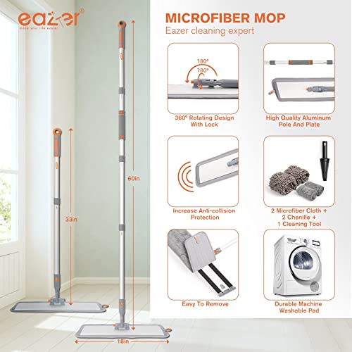 Eazer 18'' Microfiber Flat Mop For Floor Cleaning, Dry Wet Hardwood Dust Mops For Wood, Vinyl, Laminate, Tile, Marble Floor, 62-Inch Aluminum Mop With 4 Washable Chenille & Microfiber Pads #TOP1