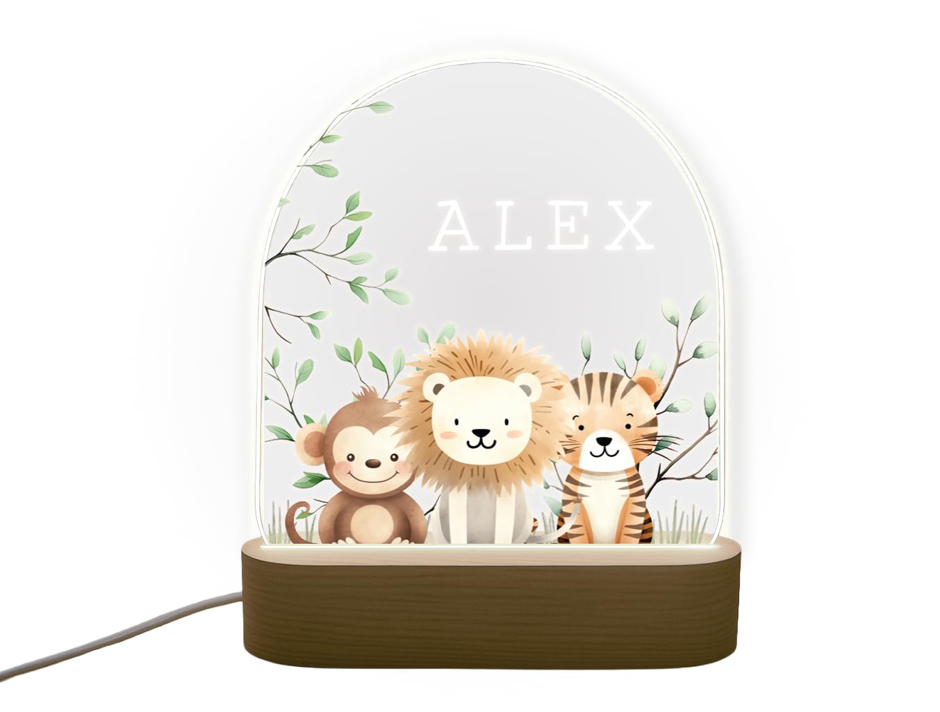 Personalised Safari Animals LED Night Light for Kids Bedroom – Custom Name Nursery Lamp – USB Powered with On/Off Switch – Medium 150mm x 170mm
